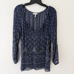 Joie Silk Blouse Size S Blue White Bohemian Batik Print Crinkle Sheer V-Neck
